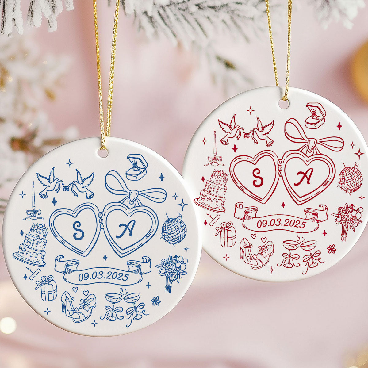 Couple Initials Locket Coquette Doodle Personalized Ceramic Ornament, First Christmas Gift, Married, Engagement Gift for Couples