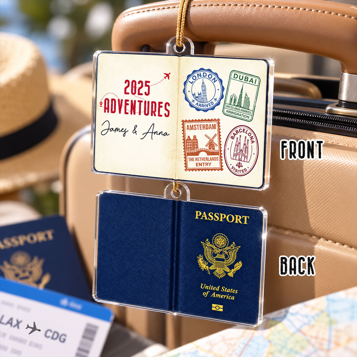 Travel Passport Stamps - Personalized Acrylic Ornament - Custom Adventure Keepsake Gift for Couples & Travelers