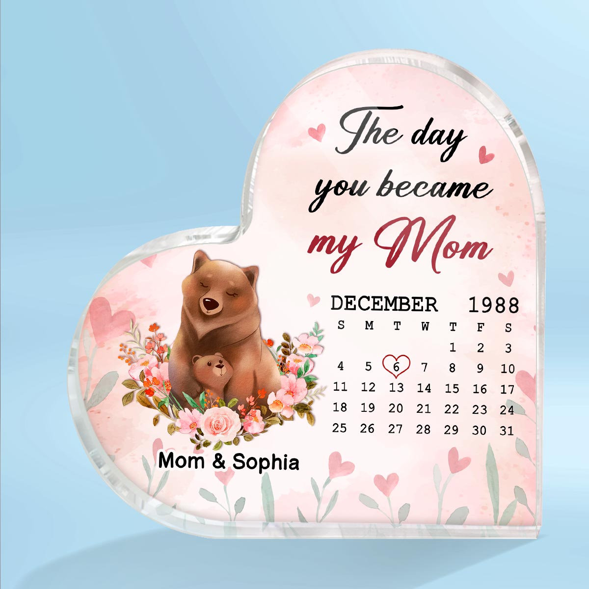 The Day You Became My Mom Watercolor Animal Personalized Heart Acrylic Plaque