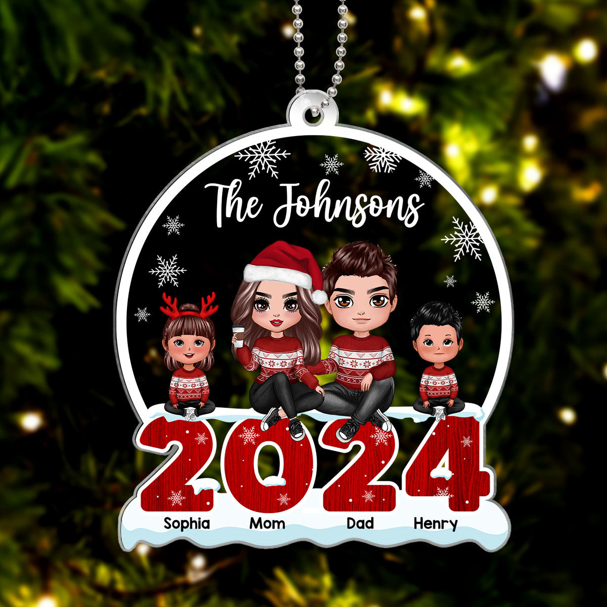 Doll Family Sitting On 2024 Snow Christmas Personalized Acrylic Ornament