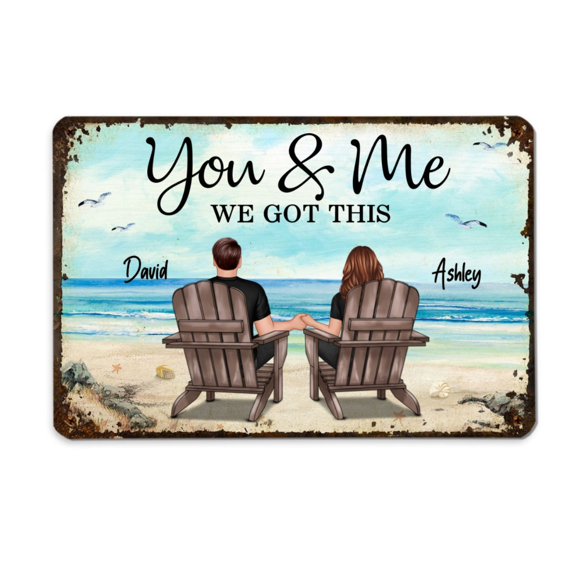 Back View Couple Sitting Beach Landscape Personalized Metal Sign
