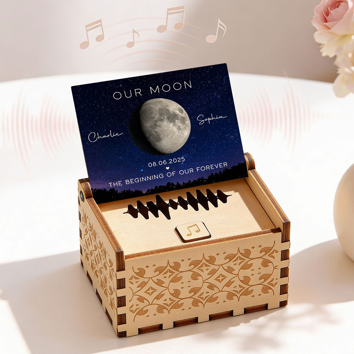Our Moon Custom Moon Phase & Favorite Song - Personalized Wooden Music Box - Valentine's Day Gift For Him, Gift For Her