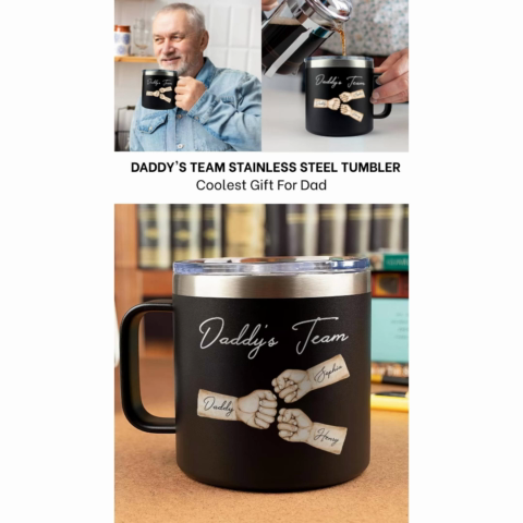 Daddy's Team Fist Bump Personalized Stainless Steel Tumbler With Handle, Unique 2025 Father's Day Gift For Dad