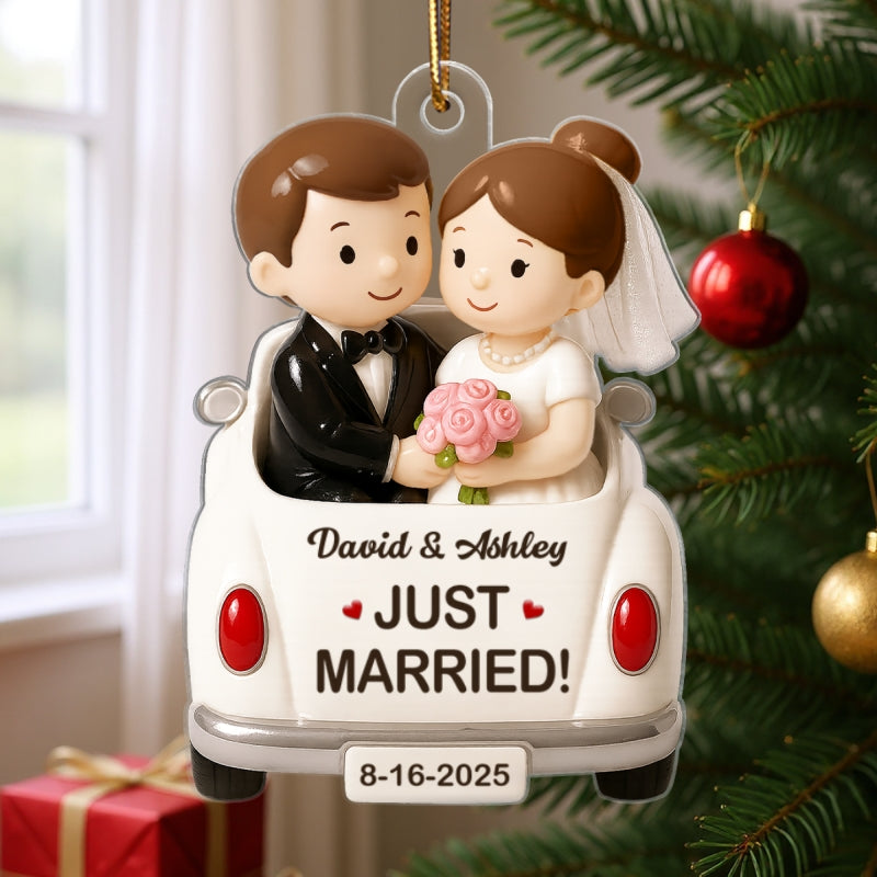 3D Effect Just Married Forever Love Couple Personalized Flat Acrylic Ornament, Gift For Newly Wedding Couple