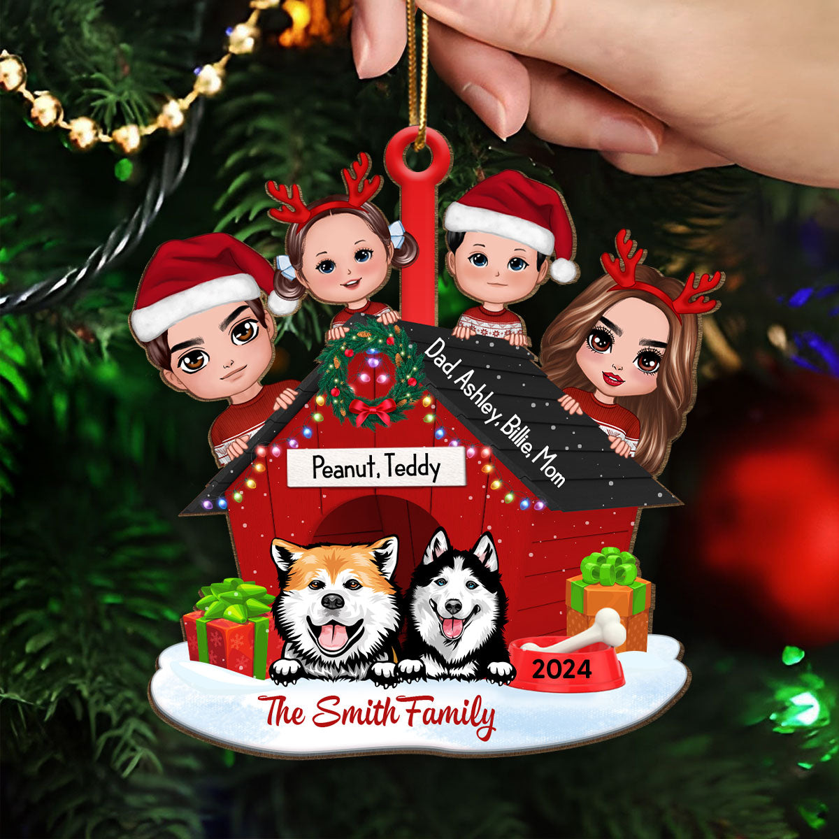 Family And Dogs Christmas - Personalized Wooden Ornament