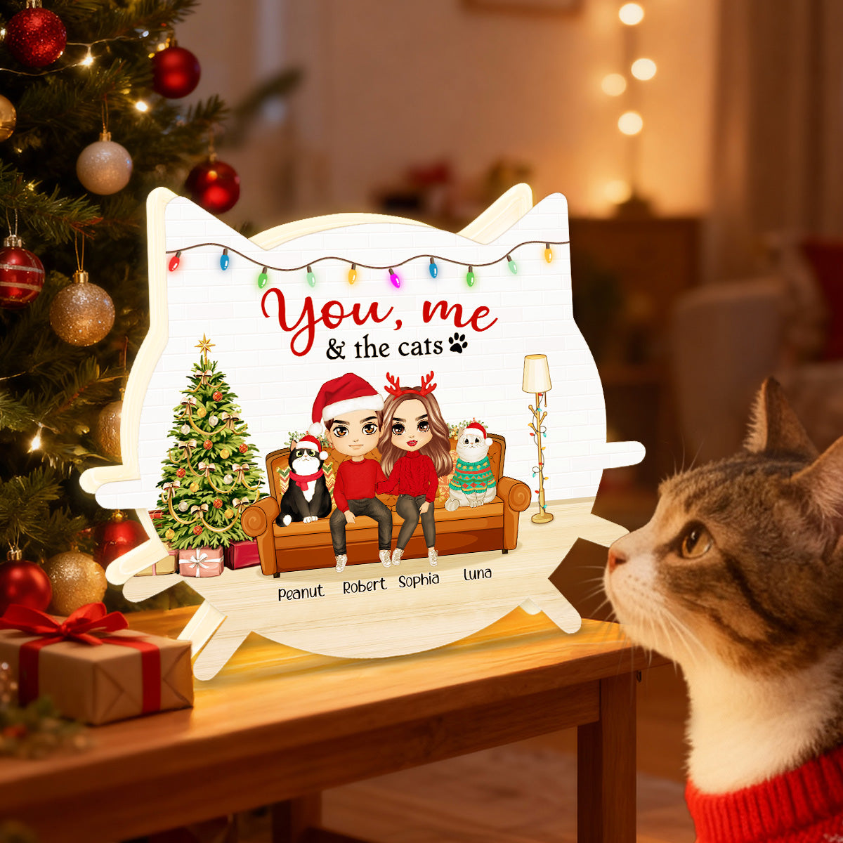 Christmas Couple You And Me And The Cats - Personalized Light Box - Gift For Cat Lovers
