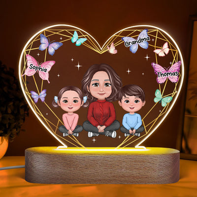 Grandma Grandkids Crossed Legs Butterfly Hearts Personalized Heart Acrylic LED Night Light
