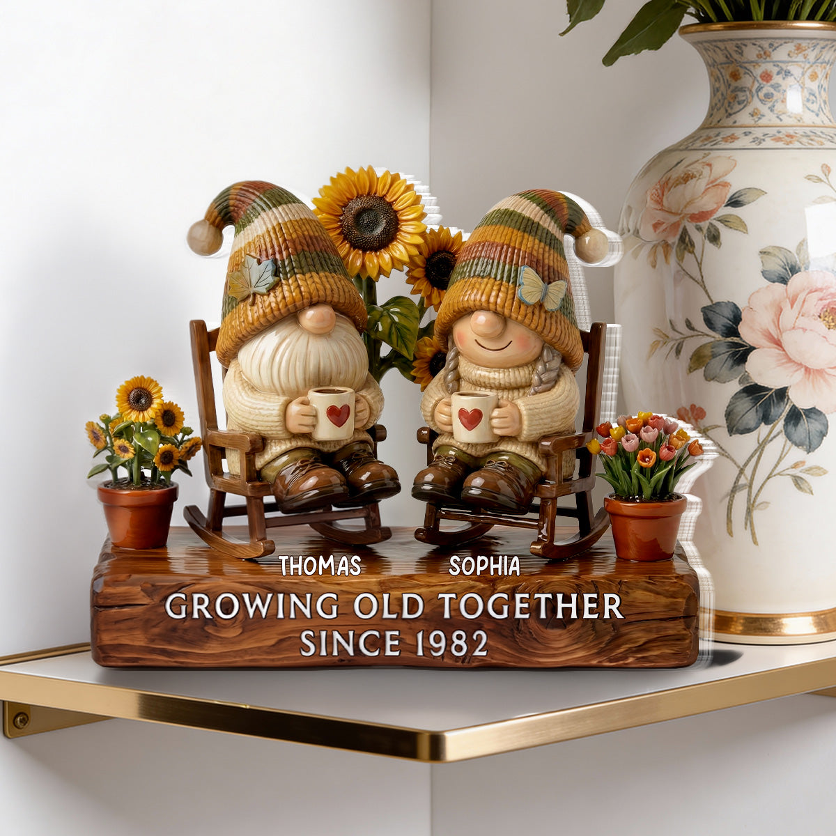 3D Effect Vintage Gnome Couple Grow Old Together - Personalized Acrylic Block Plaque - Gift For Him, Gift For Her