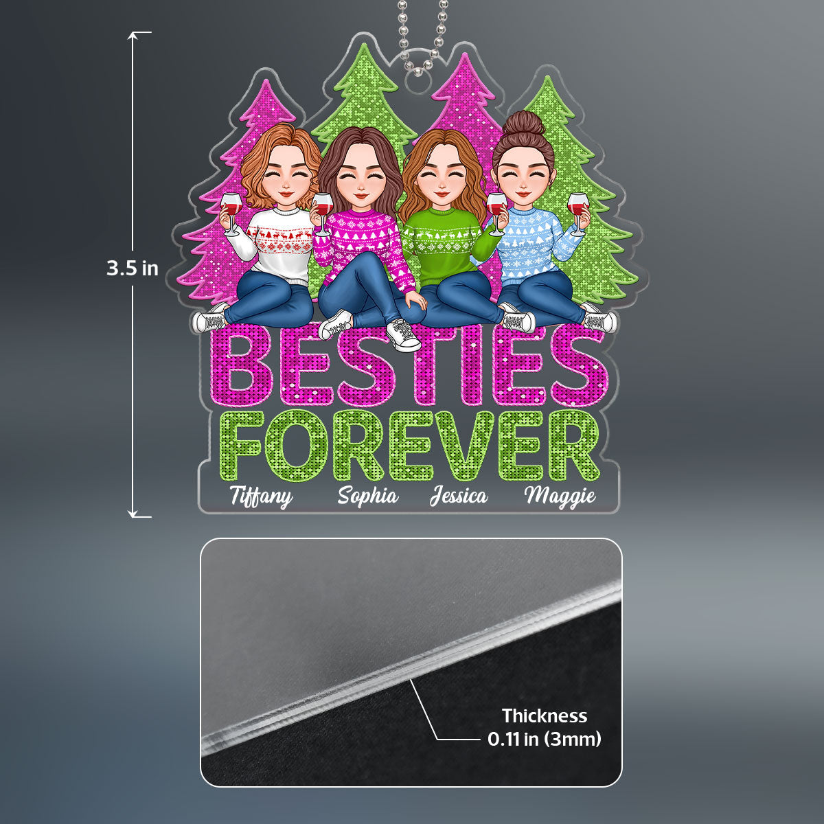 Pink And Green Sequins Texture Christmas Trees Besties Forever Personalized Acrylic Ornament