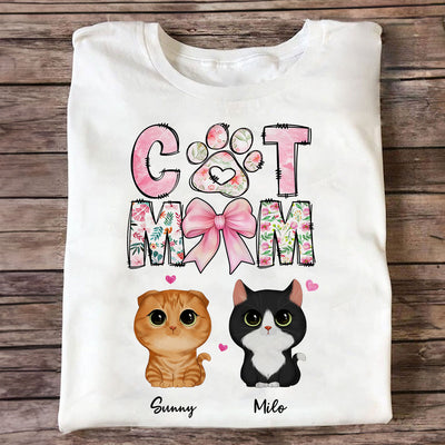 Cat Mom Pink Coquette Personalized Shirt, Watercolor Cute Cat, Gift for Cat Moms