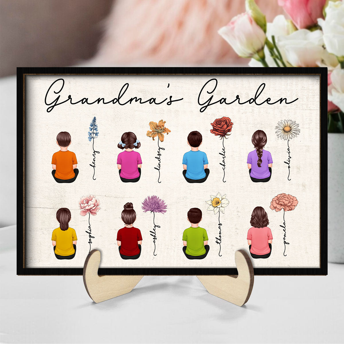 Grandkids Sitting Grandma Garden Vintage Birth Month Flowers Mother‘s Day Gift Personalized 2-Layer Wooden Plaque