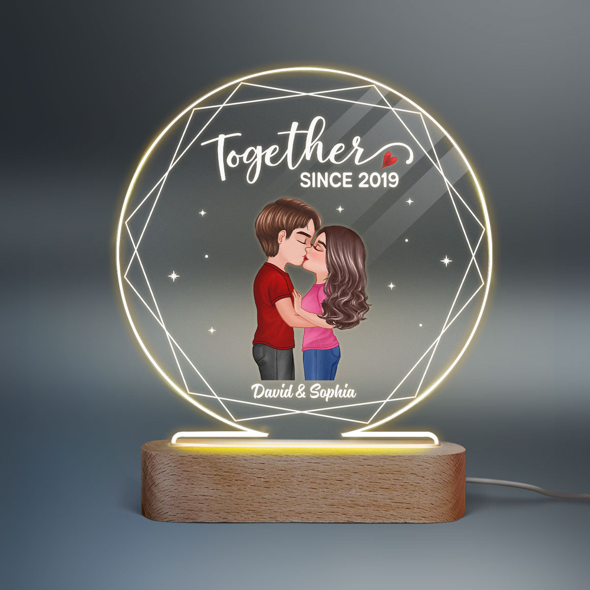 Hexagon Frame Doll Couple Kissing  Anniversary Gift For Him For Her Personalized Circle Acrylic Plaque LED Lamp Night Light