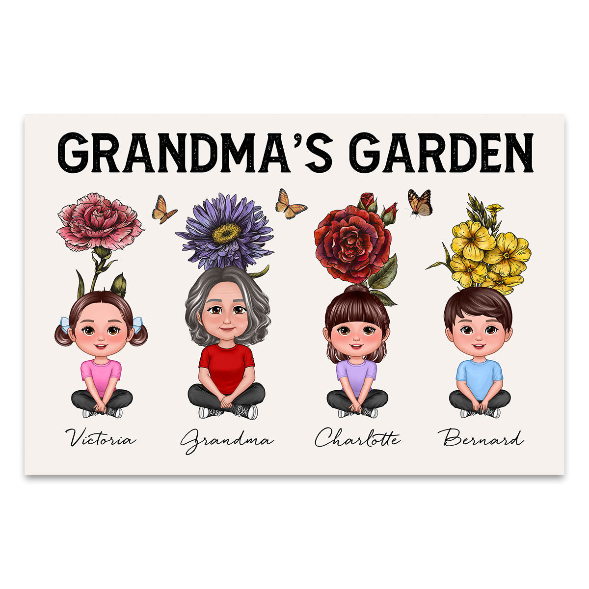 Beautiful Vintage Birth Flower Grandma‘s Garden Pretty Grandma & Grandkids With Flowers Behind Personalized Poster
