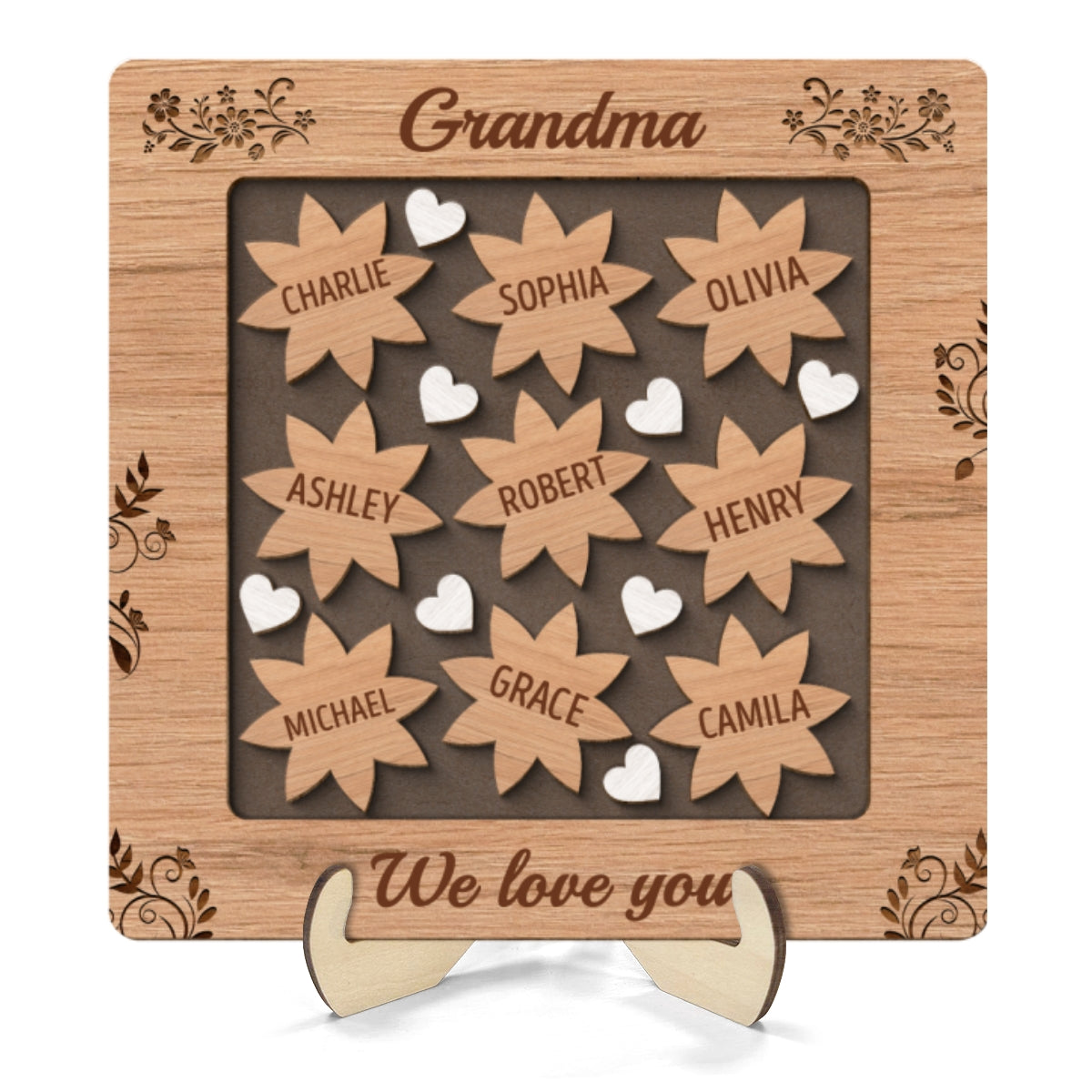 Grandma Mom Flowers Hearts Personalized 2-layer Wooden Plaque