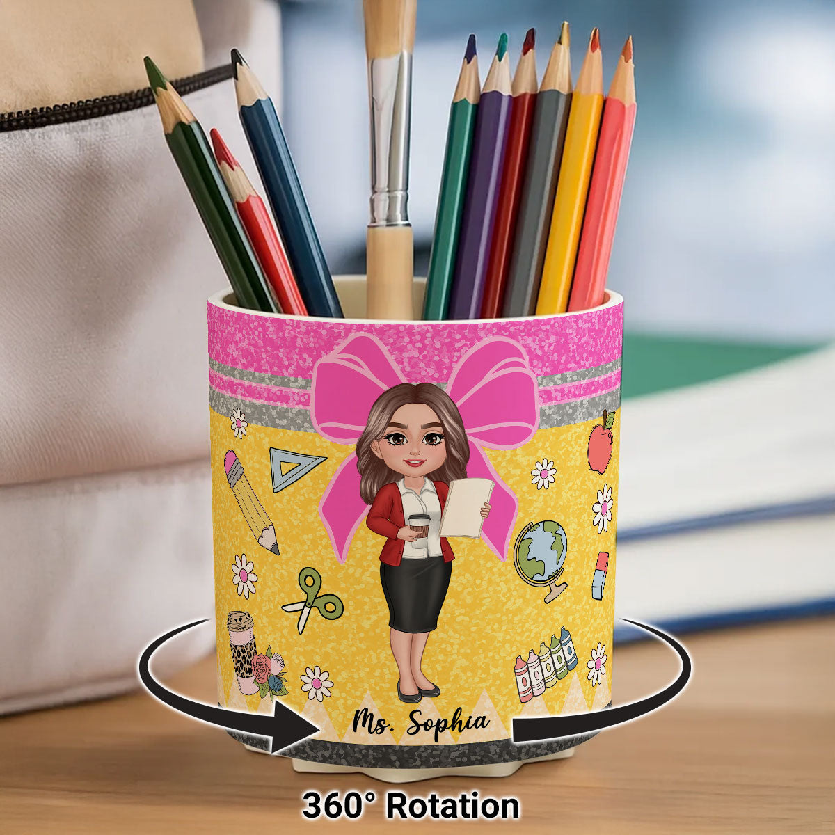 Glitter Coquette Pattern Personalized Rotating Pen Holder, Teacher Appreciation Gift, Back To School Gift