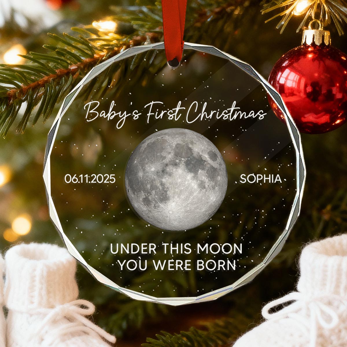 Baby First Christmas Under This Moon You Were Born Custom Moon Phase - Personalized Glass Ornament