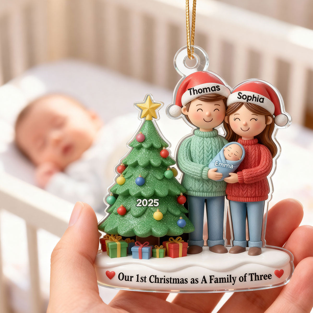 3D Effect First Christmas As Family Of Three Mom Dad & Baby By Tree - Personalized Acrylic Ornament