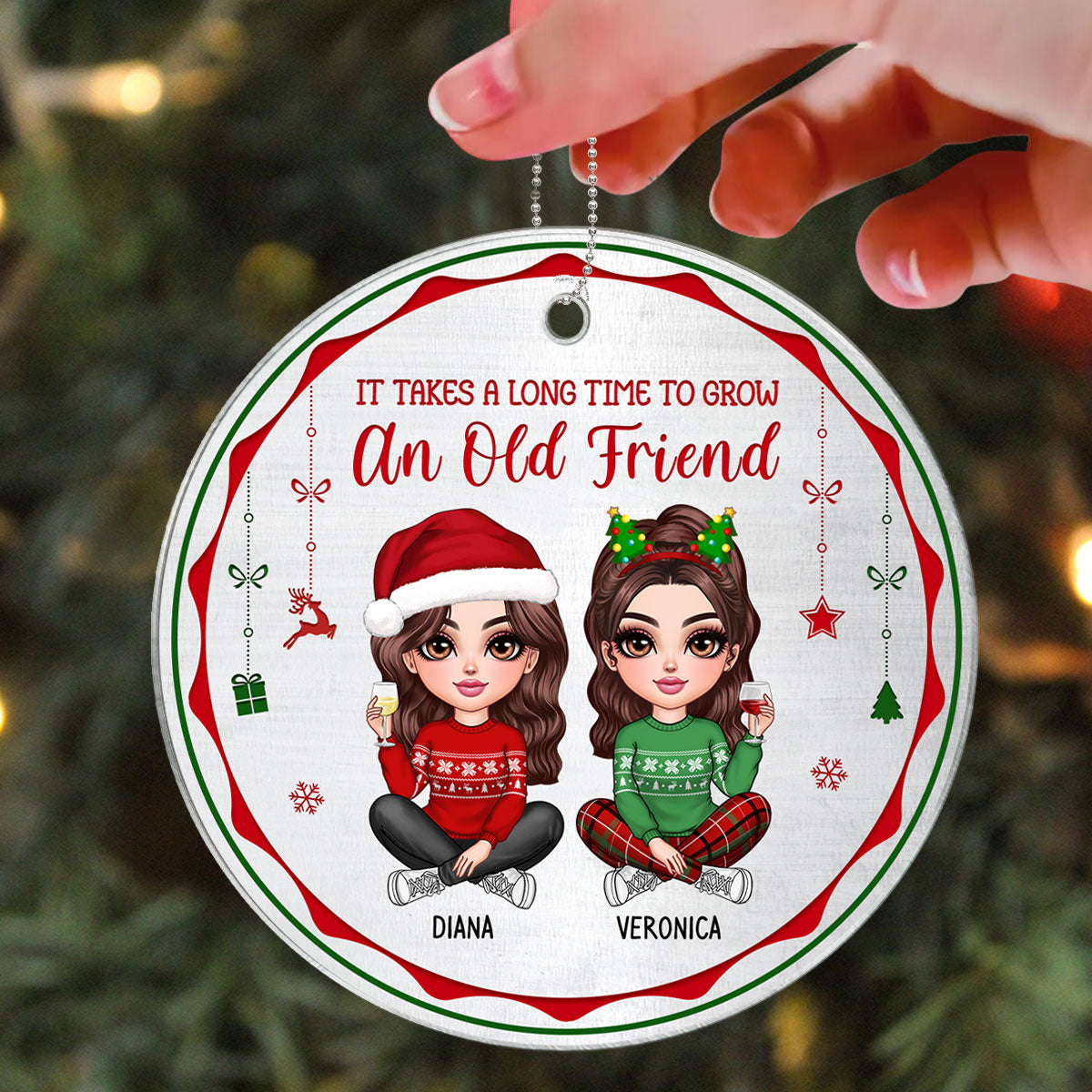 Pretty Besties Sisters Red And Green Metal Pattern Personalized Acrylic Ornament