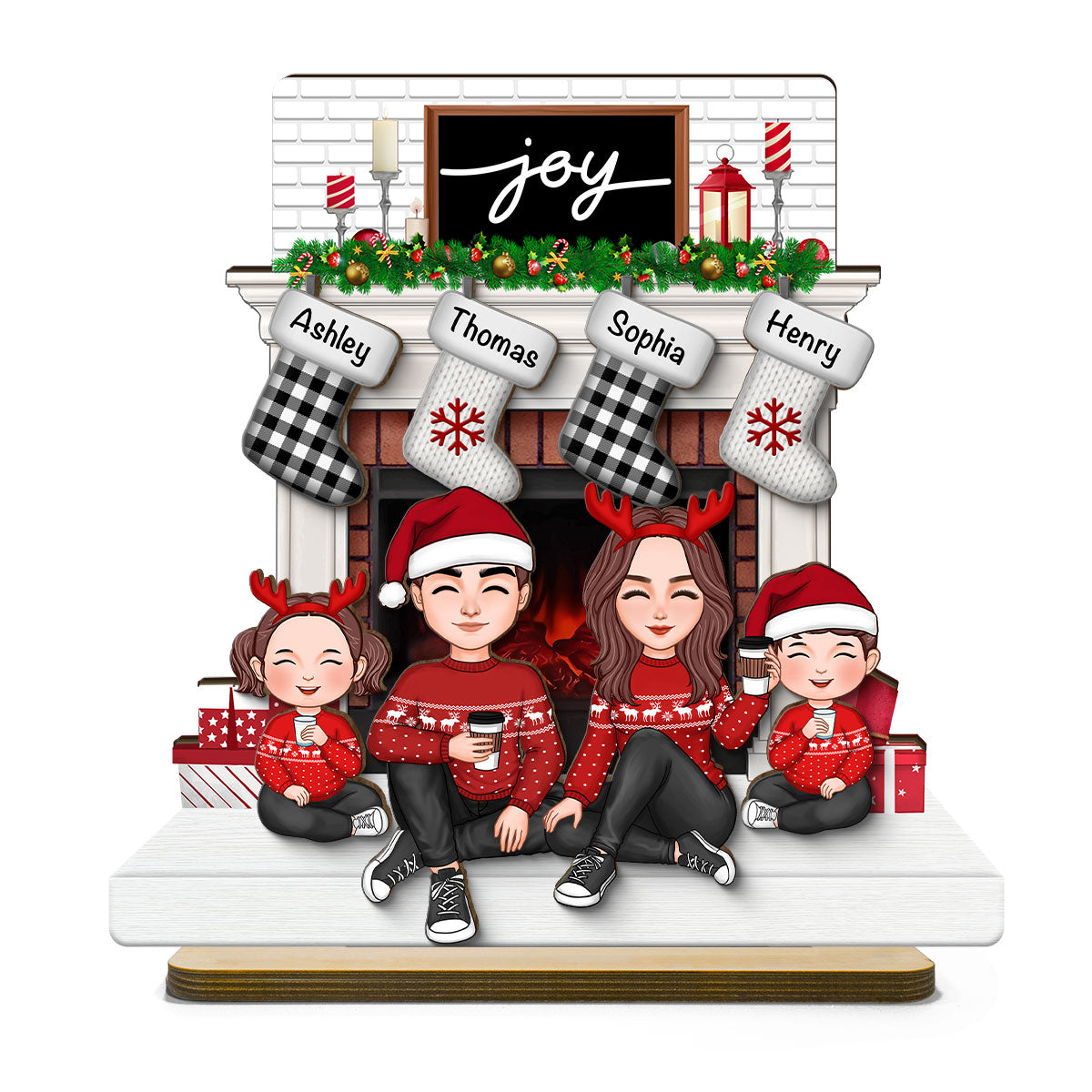 Cute Family Dad Mom Kids Sitting At Christmas Fireplace Personalized 2-Layer Standing Wooden Plaque