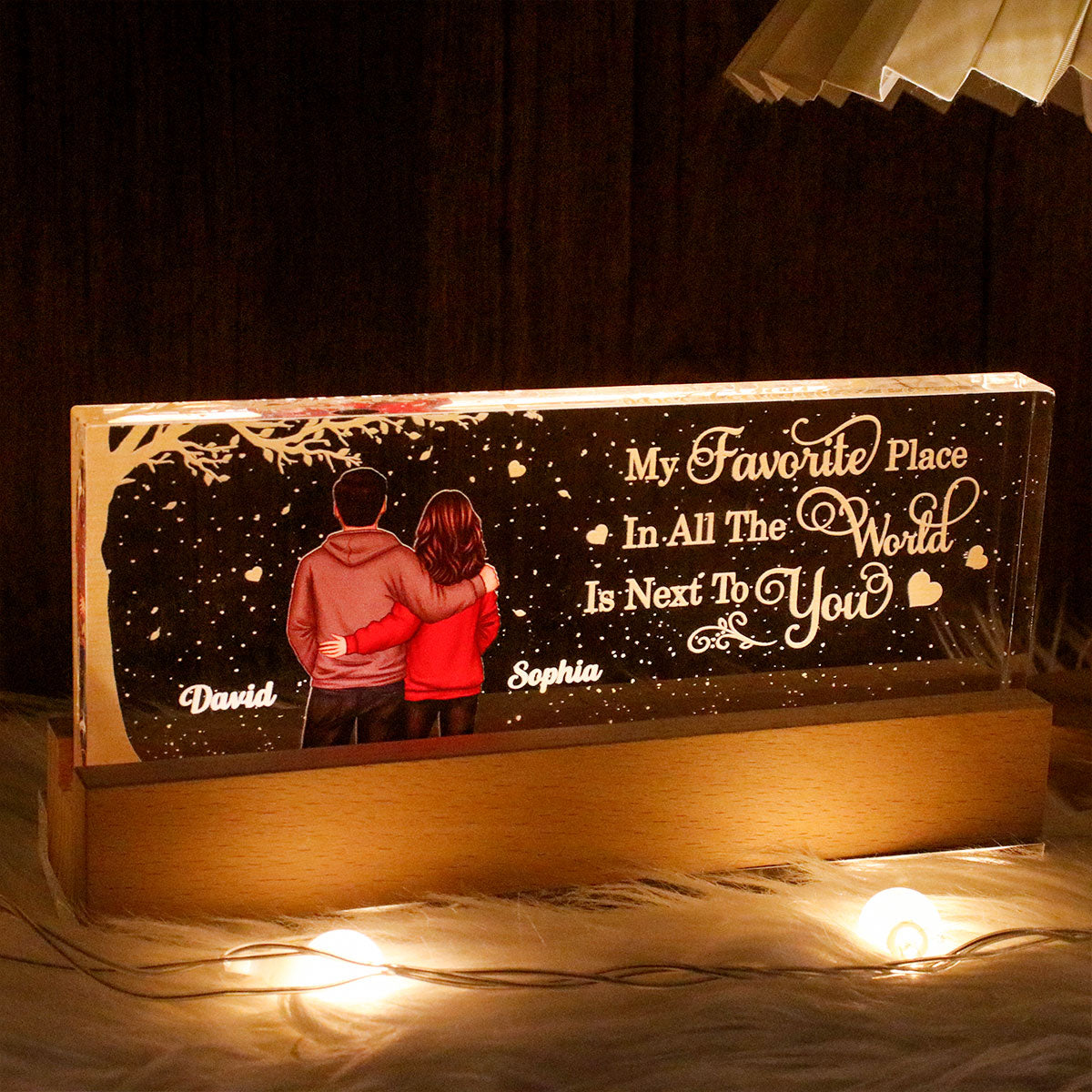 Favorite Place In The World Couple Hugging Standing Back View Personalized Acrylic LED Night Light,  Gift for Him, Gift for Her