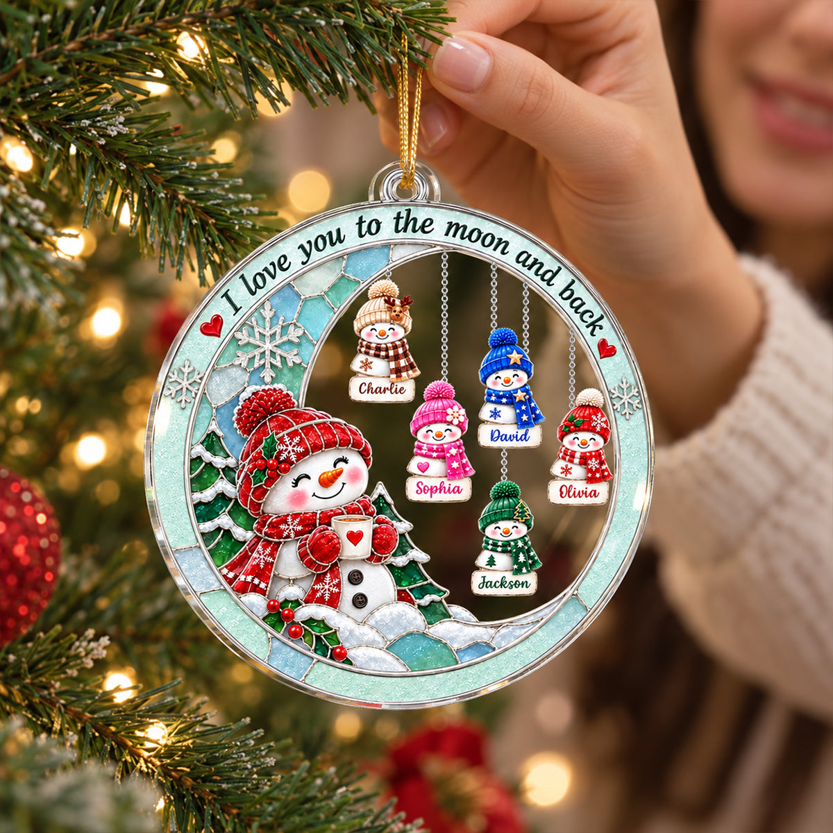 Snowman Grandma Grandkids Love to the Moon and Back - Personalized Acrylic Ornament - Christmas Gift for Grandma, Grandkids