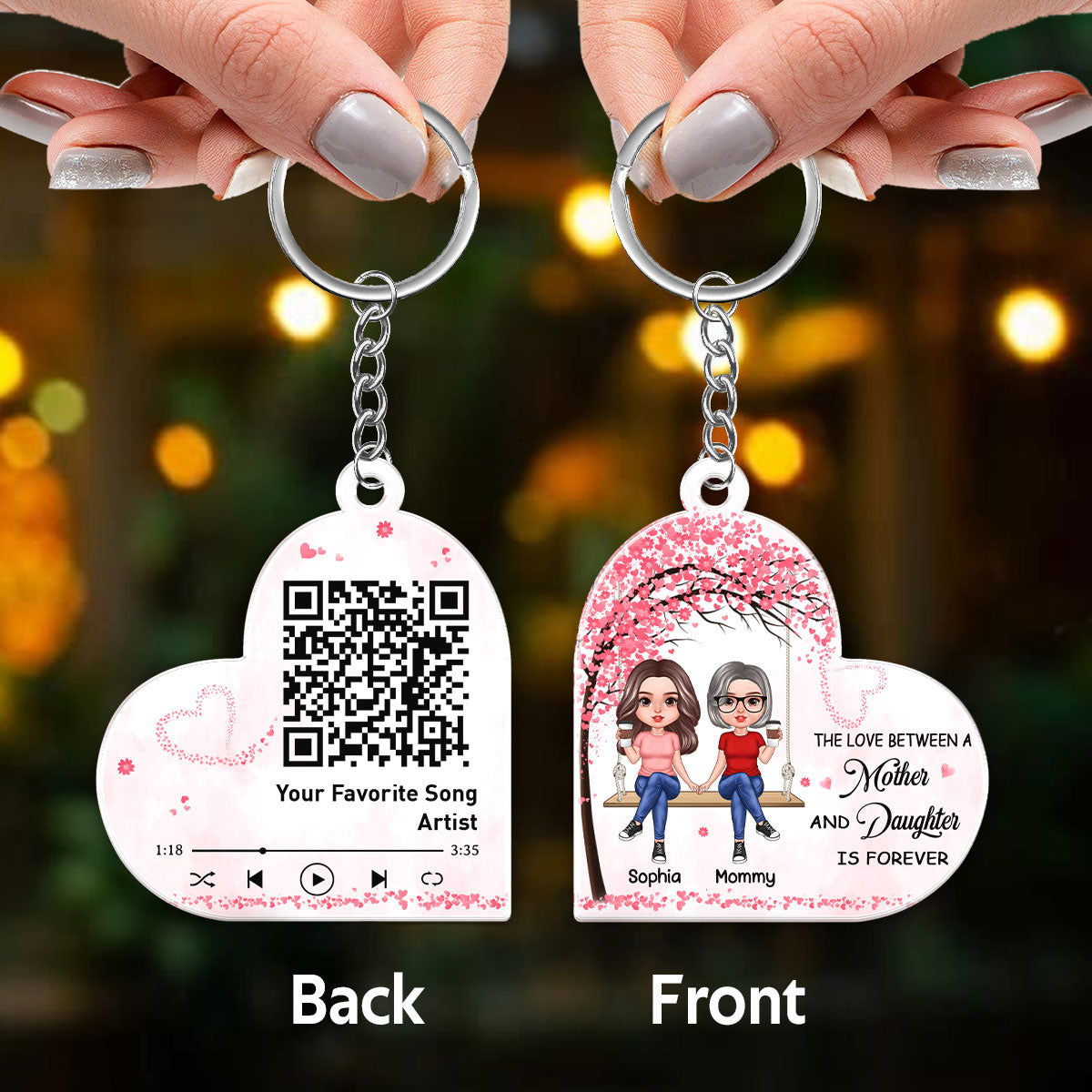 Mother Daughter Sitting On Swing Favorite Song Scannable QR Code Personalized Acrylic Keychain