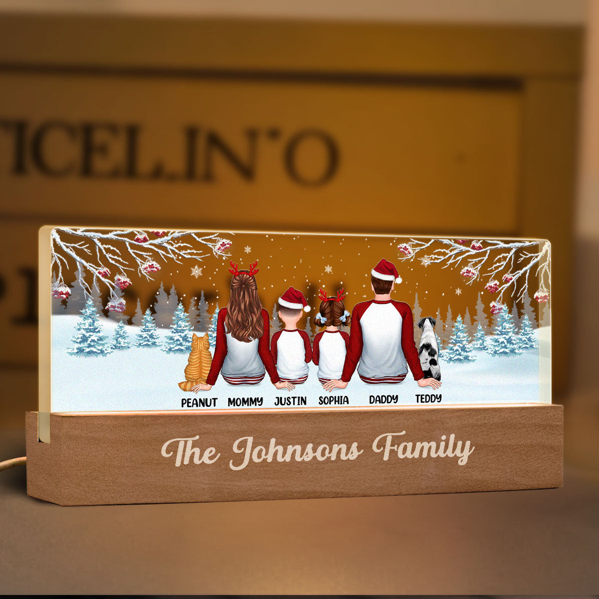 Family Back View Pajamas In Snow Personalized Acrylic Block LED Night Light