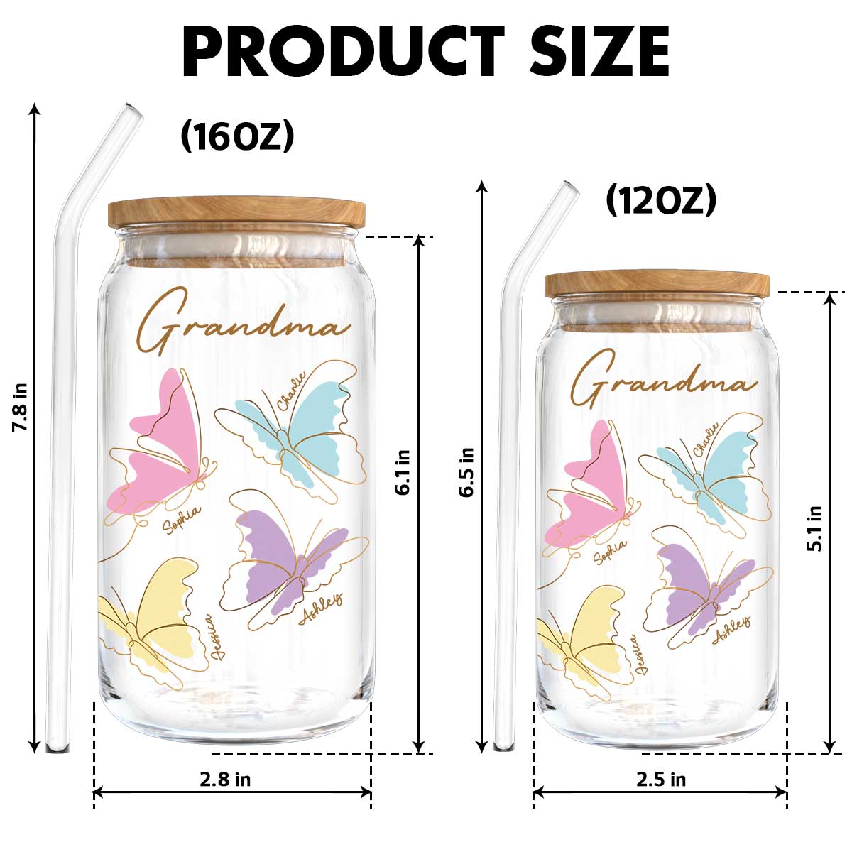 Grandma Mom Auntie Butterflies Kids Names Personalized Clear Glass Can