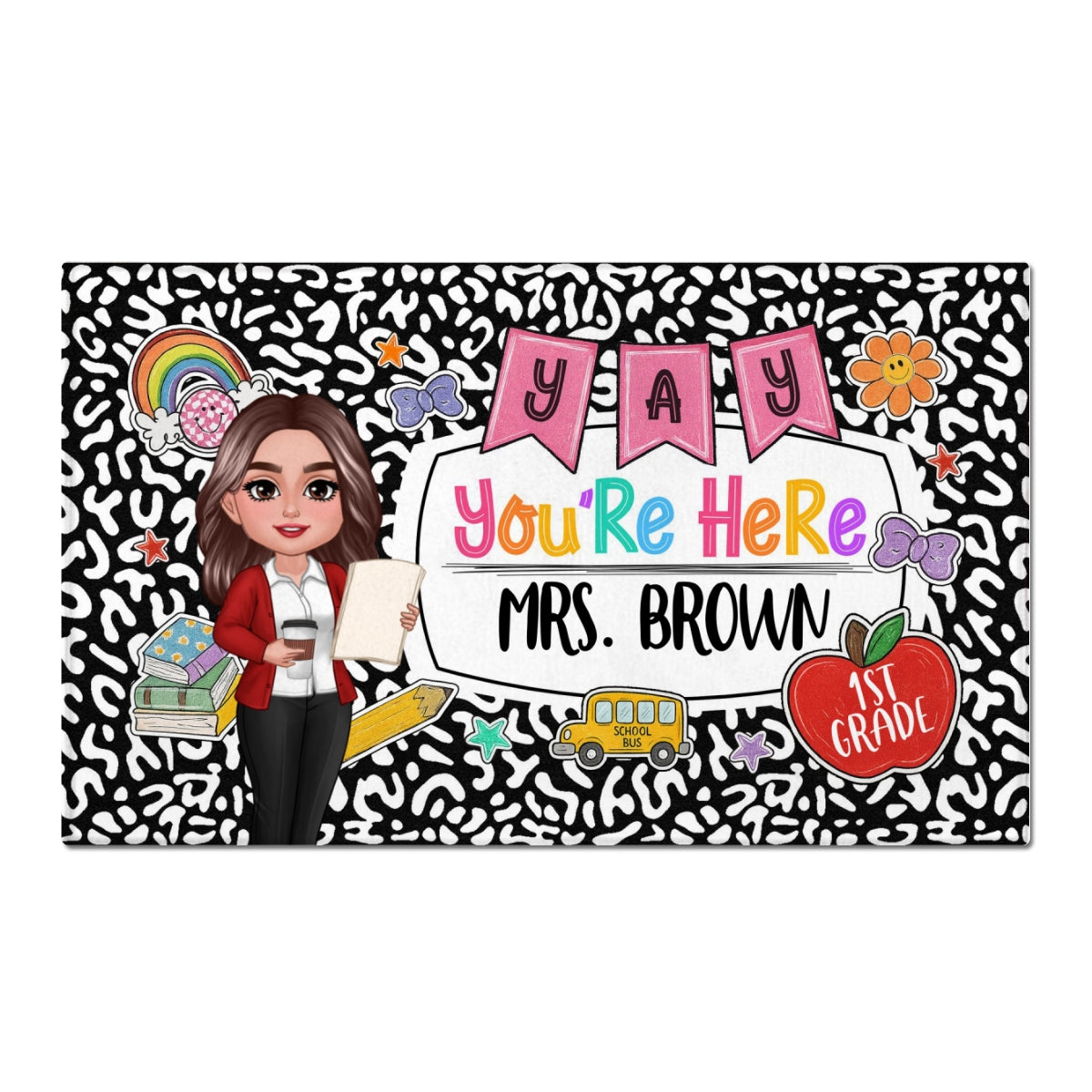 Yay You're Here Composition Book Pattern Personalized Doormat, Back To School Gift