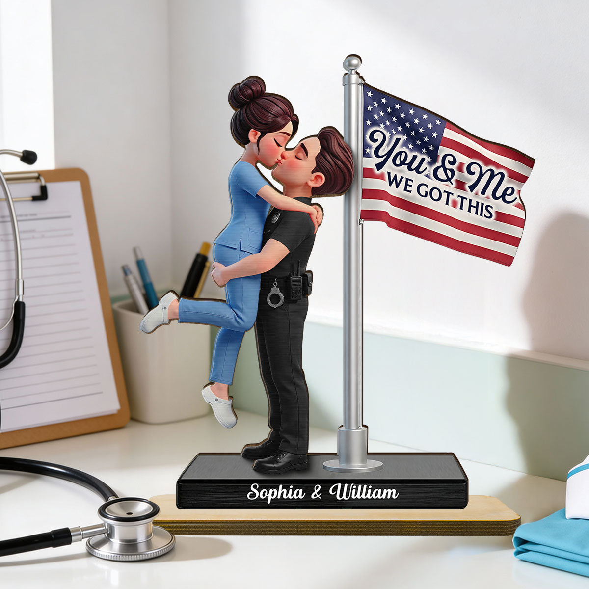 Proud Hero Couple Nation Flag - Personalized 2-Layered Wooden Plaque - Heartfelt Gift For Couple, For Him, For Her, Nurse, Police, Firefighter, Army