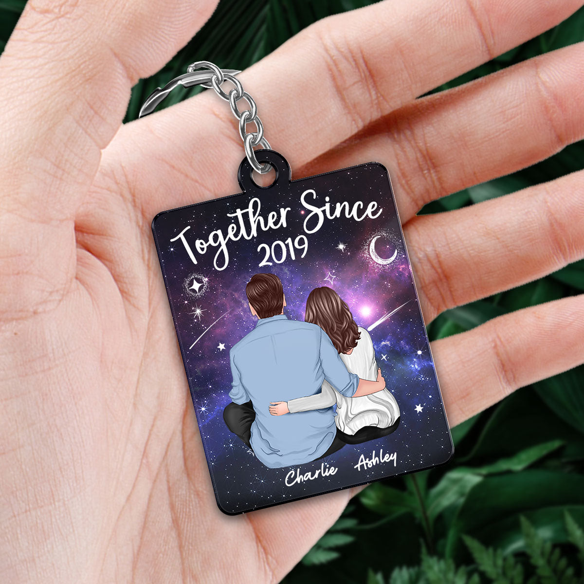 Back View Couple Sitting In Galaxy Night Favorite Song Scannable QR Code Personalized Acrylic Keychain