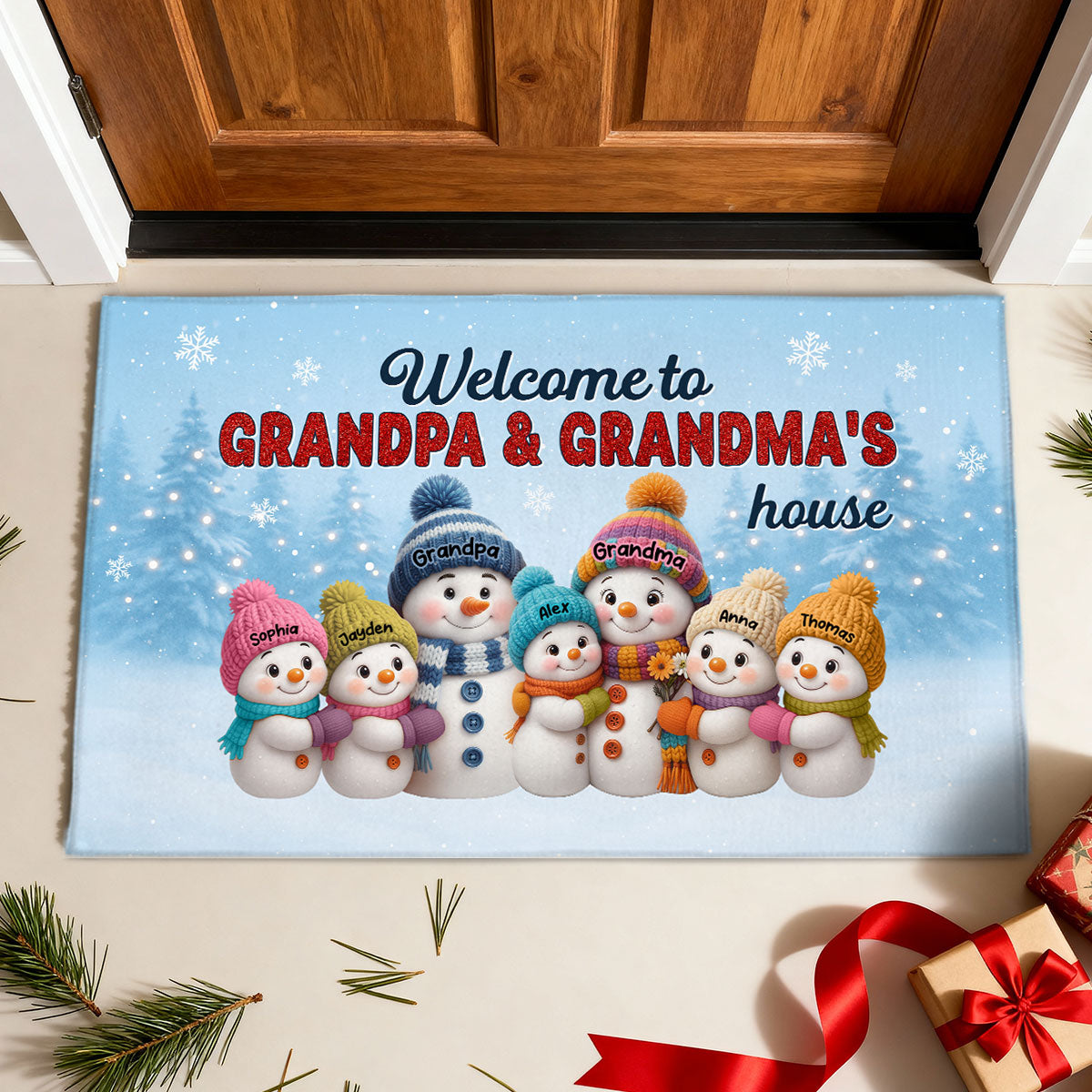 3D Effect Christmas Grandma Grandpa Grandkids Snowman Together - Personalized Doormat