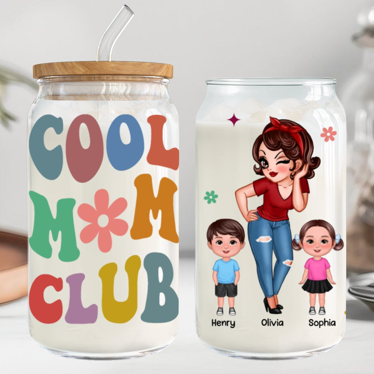 Cool Grandma Mom Club Pretty Woman With Kids Personalized Clear Glass Can