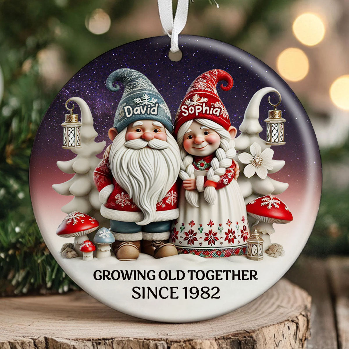 Gnome Couple Together Christmas Personalized Ceramic Ornament, Christmas Gift For Him, For Her, Husband, Wife