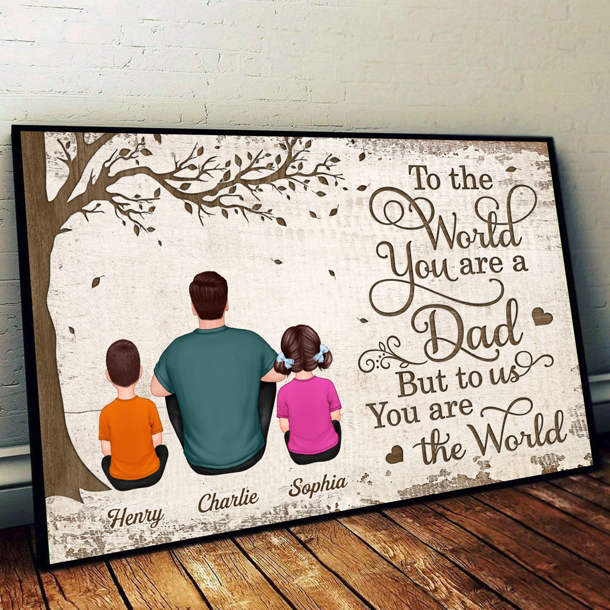 Back View Dad And Kids Dogs Cats Sitting Personalized Horizontal Poster