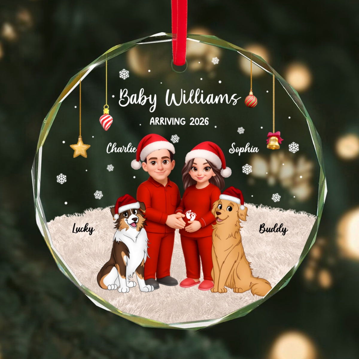 Expecting Parents Christmas Pregnancy Baby Arriving With Dogs Cats - Personalized Glass Ornament