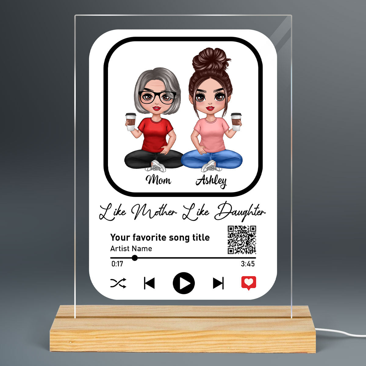 Like Mother Like Daughters Doll Mom And Daughters Sitting Favorite Song Scannable QR Code Personalized Rectangle Acrylic Plaque LED Night Light