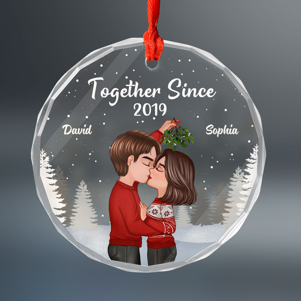 Couple Kissing Under Mistletoe Christmas Night Personalized Glass Ornament