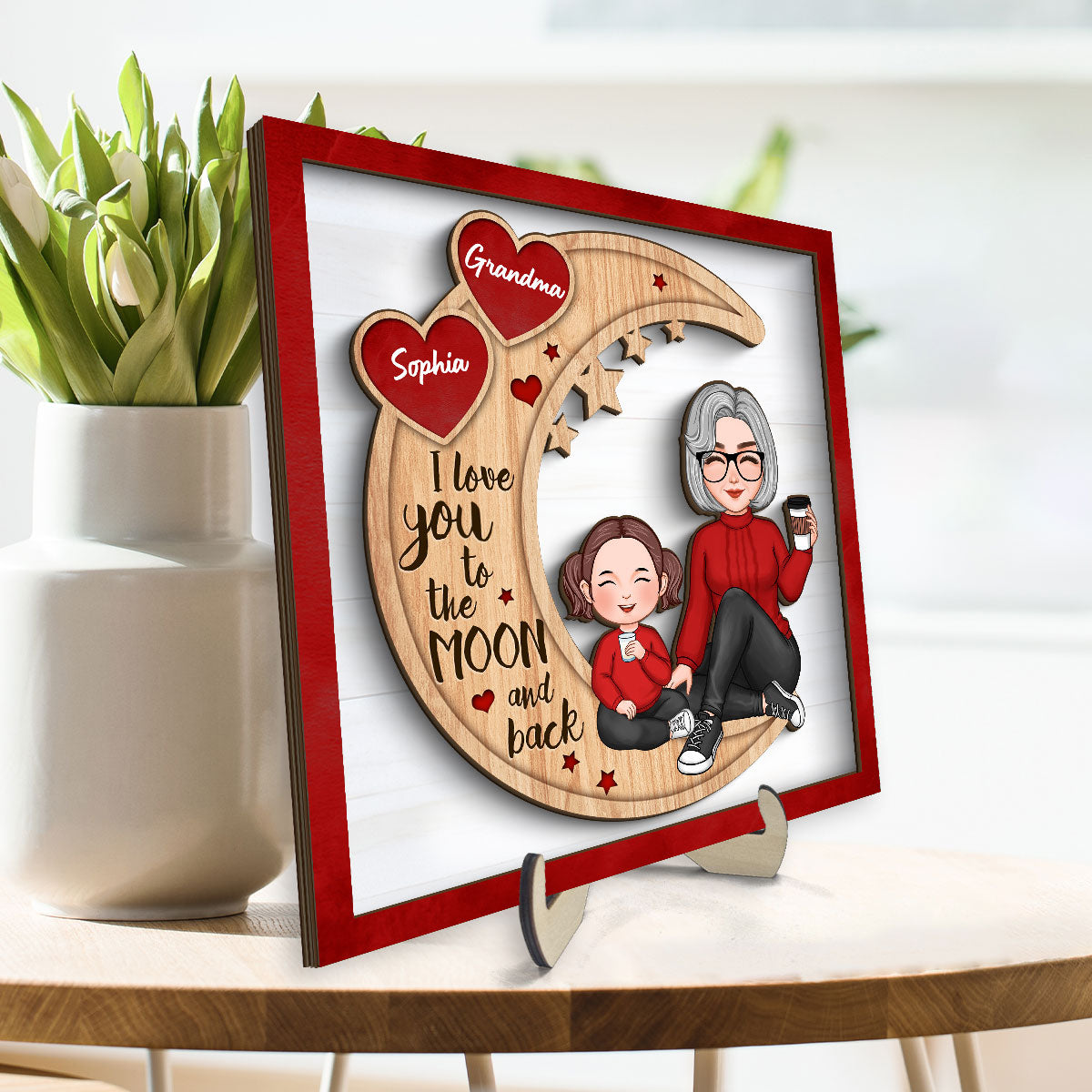 Red Heart Cute Grandma Grandkids Sitting On Moon Personalized 2-Layer Wooden Plaque