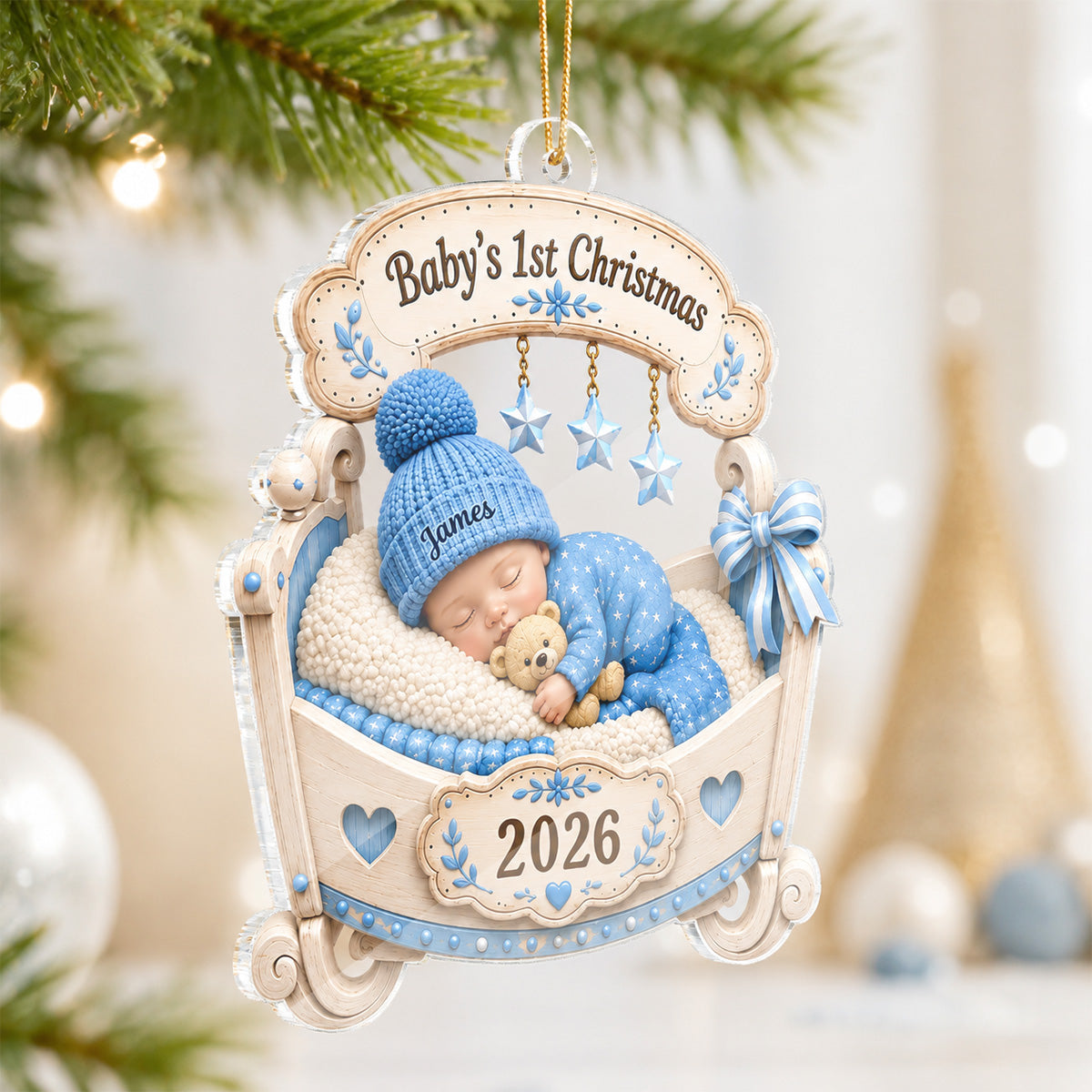 Baby’s First Christmas Sleeping Baby Crib 2D Flat – Personalized Acrylic Ornament – Christmas Keepsake for Newborn