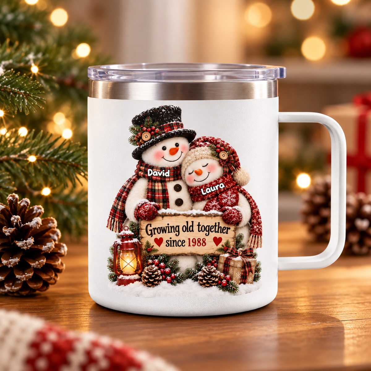 Snowman Couple Hugging Growing Old Together - Personalized Stainless Steel Tumbler With Handle - Heartfelt Christmas Gift for Her, for Him