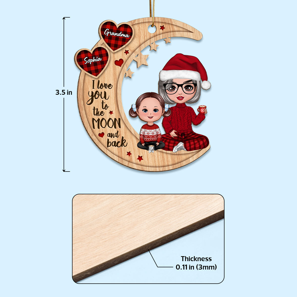 Checkered Pattern Heart Doll Grandma & Grandkid Sitting On Moon Personalized Wooden Ornament