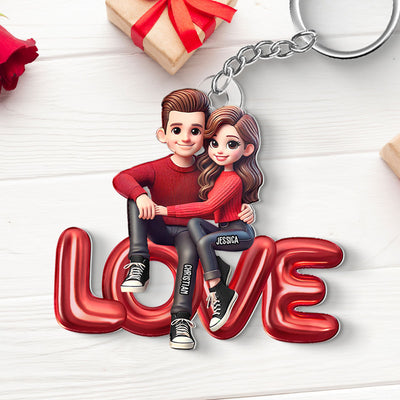 3D Effect Couple Sitting On LOVE Personalized Acrylic Keychain,  gift, Anniversary Gift for Couples