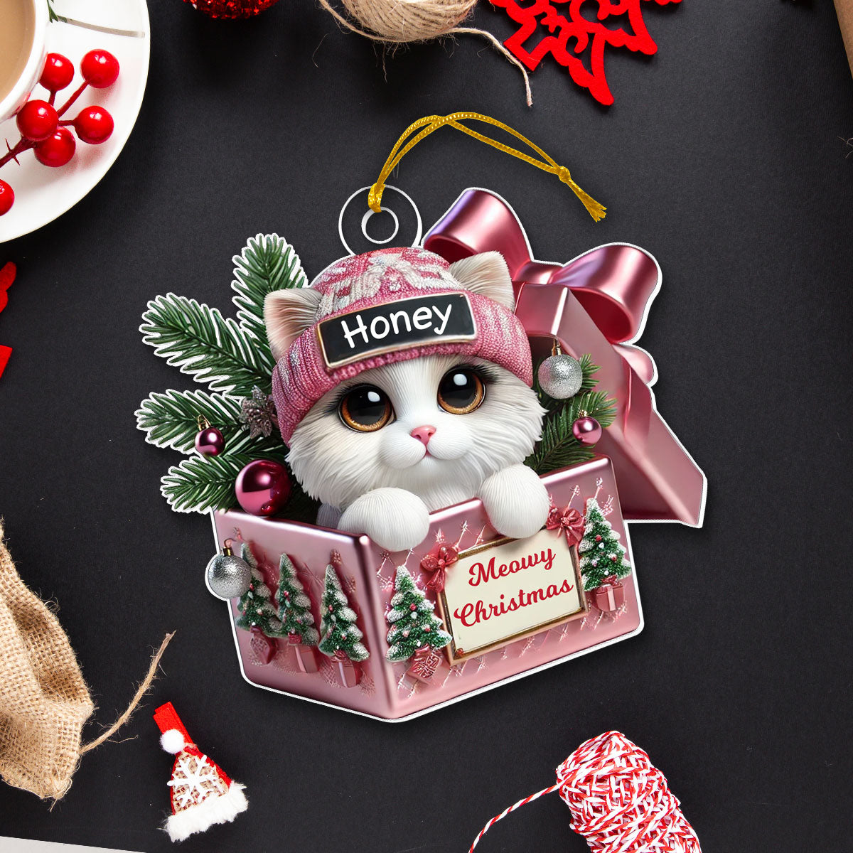Cute Cat Inside Gift Box Personalized 2D Flat Acrylic Ornament, Christmas Gift for Cat Lovers