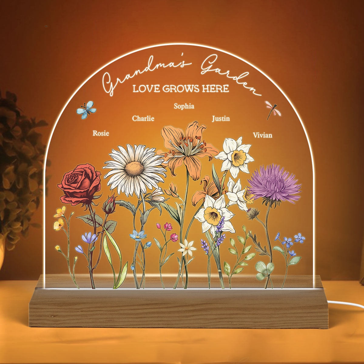 Grandma's Garden Vintage Birth Month Flowers Dome Shaped - Personalized Acrylic LED Night Light - Christmas Gift For Mom, Gift For Grandma