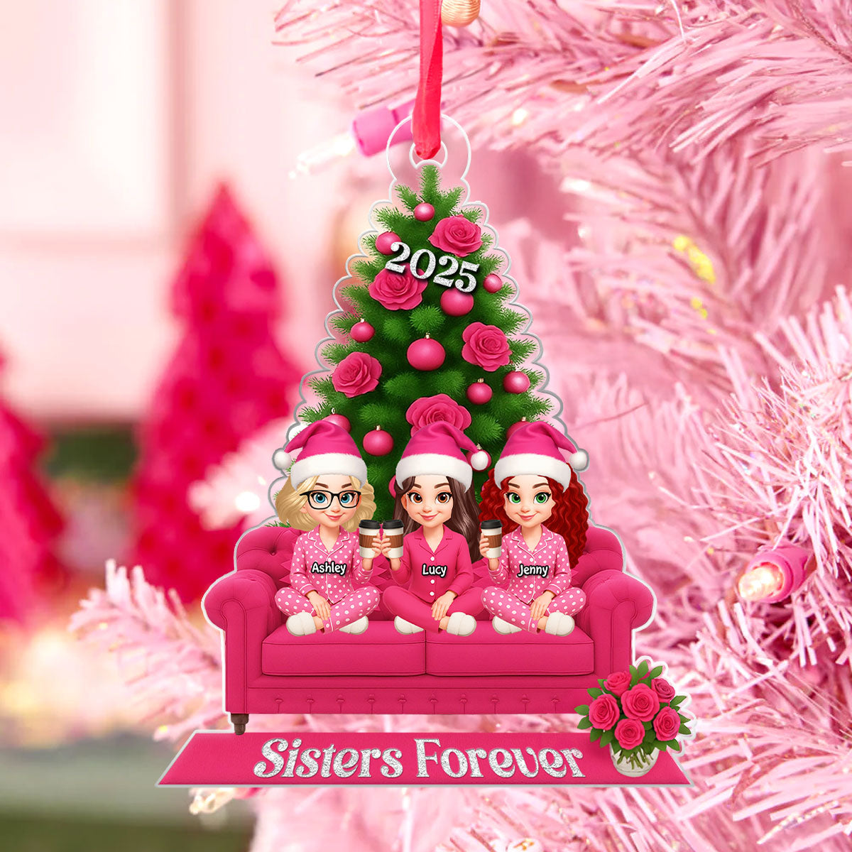 Besties Pink Christmas Tree Decor Personalized Acrylic Ornament, Gift for Best Friends, Sisters