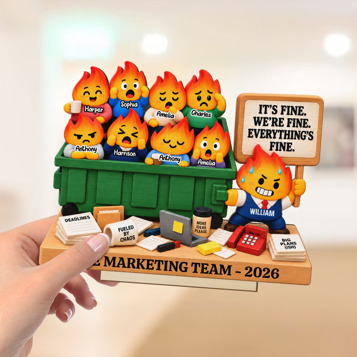 Dumpster Fire Team 2D Flat - Personalized Wooden Plaque – It's Fine We're Fine Everything's Fine, Funny Coworker Gift 2026