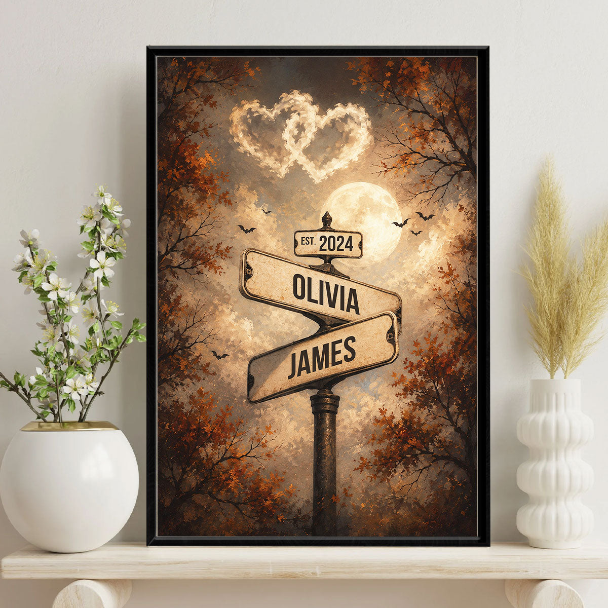 Spooky Halloween Full Moon Couple Street Sign - Personalized Poster - Custom Name And Date, Gift for Him, for Her