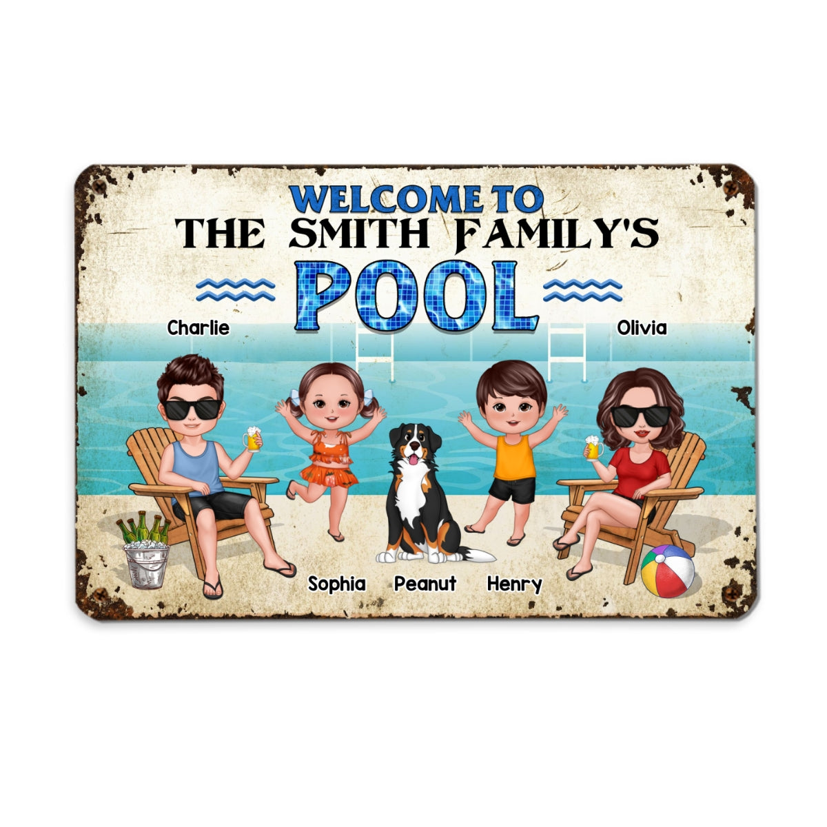 Welcome To Our Pool Whole Family Doll Couple Dad Mom Kids Dogs Cats Summer Personalized Metal Sign