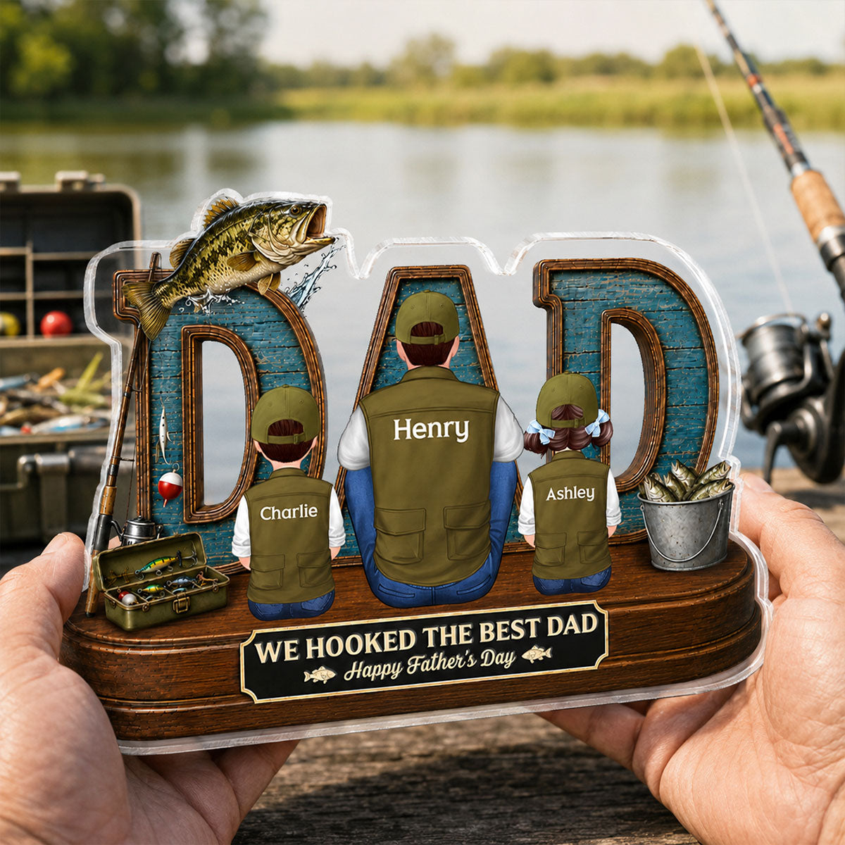 Fishing Dad And Kids We Hooked The Best Dad - Personalized Acrylic Block Plaque - Father's Day Gift For Dad, Husband
